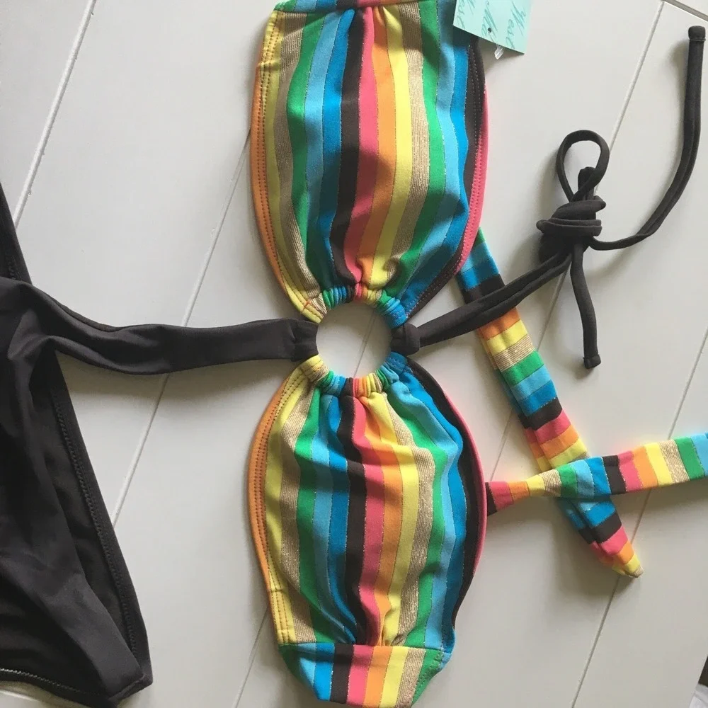 NEW Marina West Swimsuit Bikini Large Rainbow Cut Out Strapless Vacation Travel